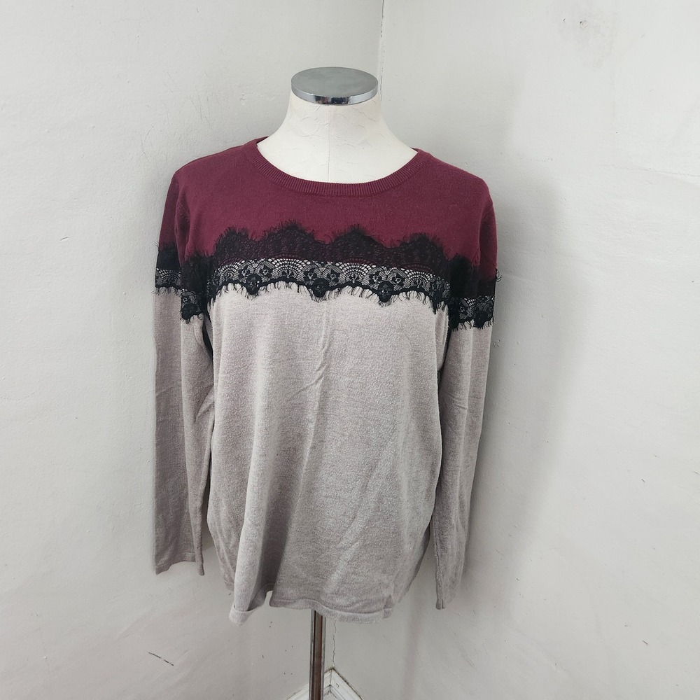 All at Once Women's Burgundy Gray Lace Trim Long Sleeve Sweater XL‎